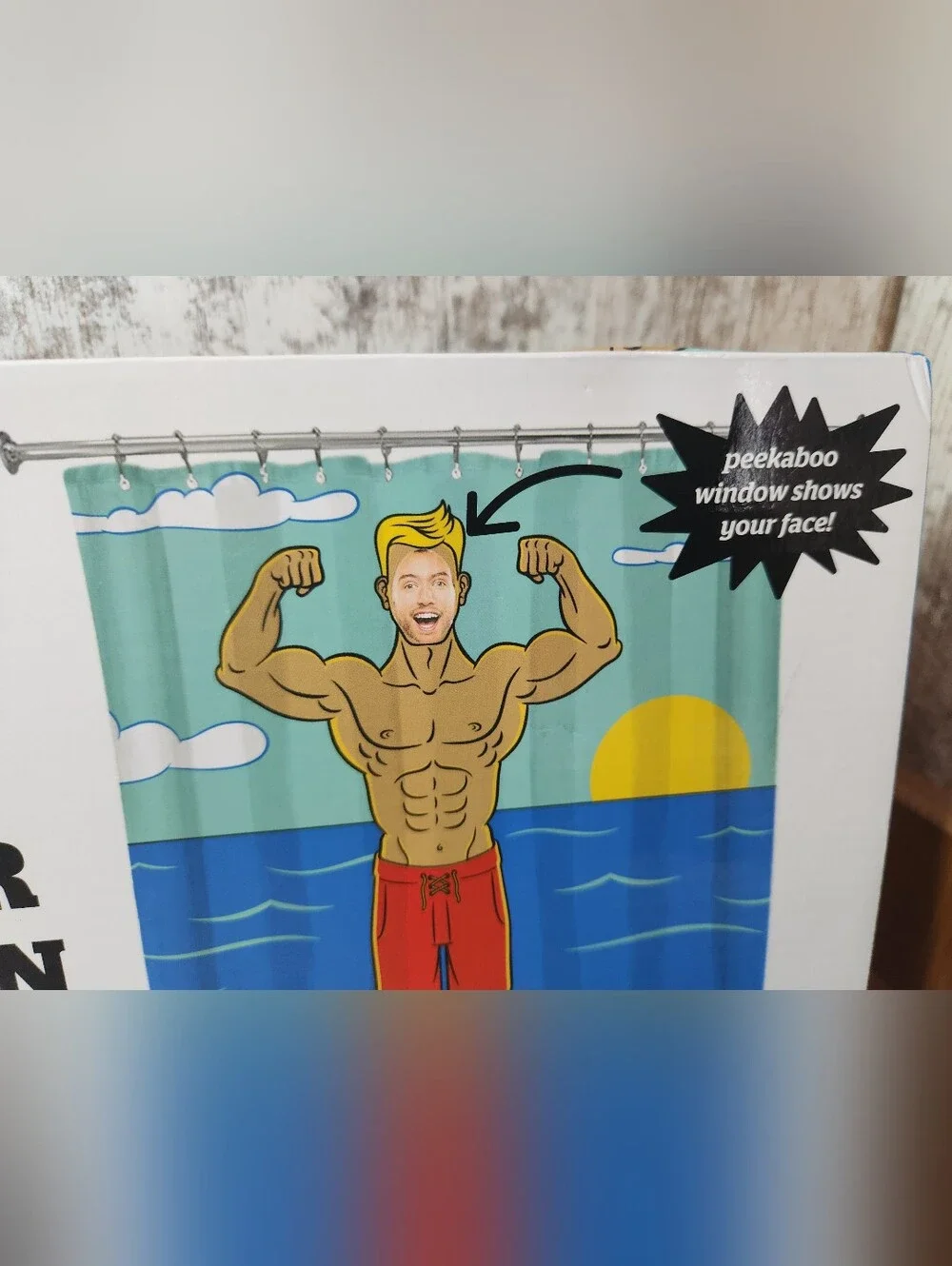 In The Buff Shower Curtain  Peeaboo Window Hulky Guy Beach Vibes Lifeguard Funny